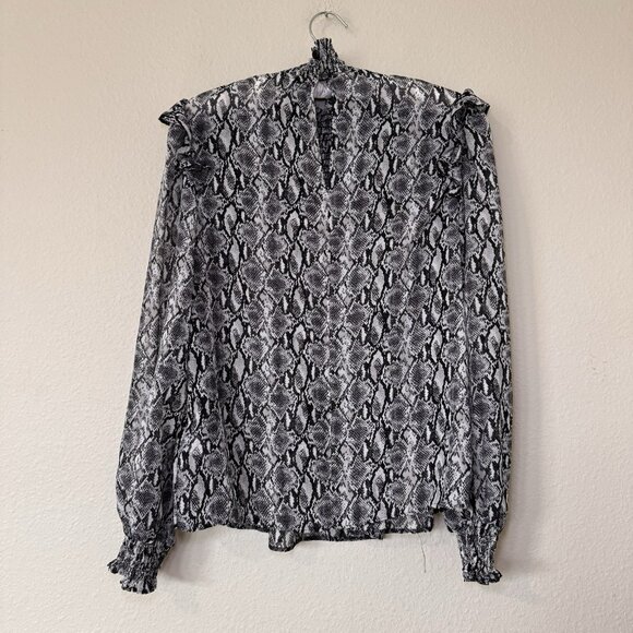Primark Mock Neck Grey Snake Print Blouse Size 8 US Sheer Smock Neck - Picture 7 of 8